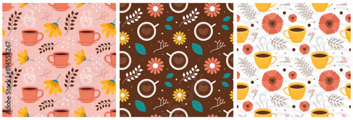 Coffee Time Seamless Pattern Design With Cacao Beans, Grains and Jug in Cartoon Flat Illustration