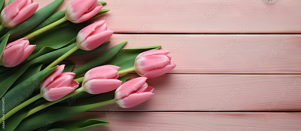 A copy space image of tulips arranged on a backdrop of pink wooden A copy space image of tulips arranged on a backdrop of pink wooden