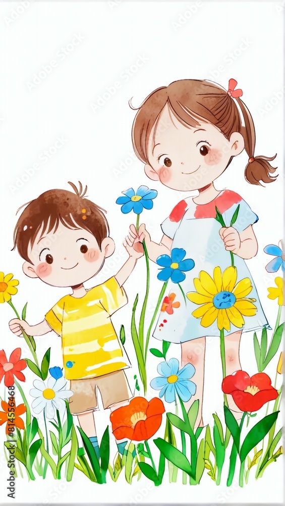 Children and flowers drawn with paint on a white background.