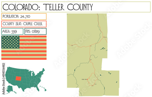 Large and detailed map of Teller County in Colorado USA.