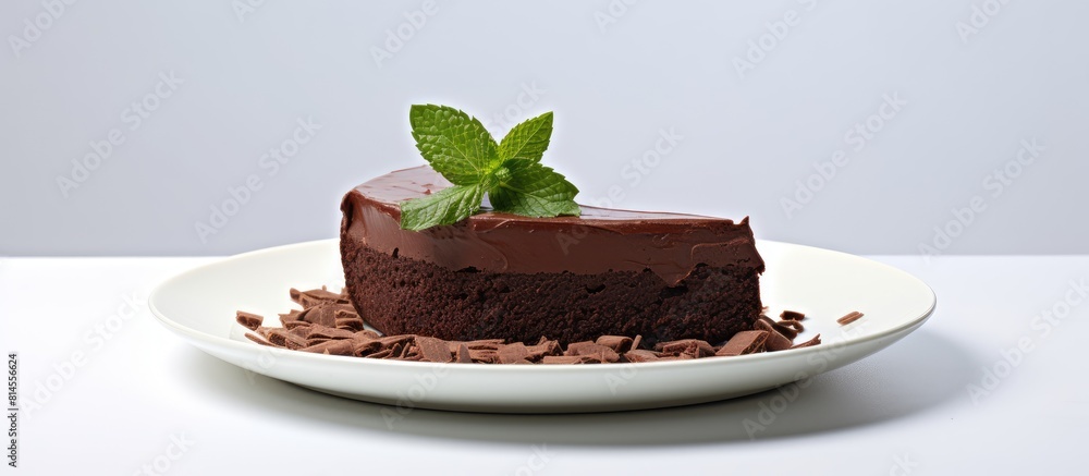 A vegan chocolate cake is displayed on a white dish with a light background creating a positive portrayal of healthy vegan food The image provides ample space for a captivating and visually appealing A vegan chocolate cake is displayed on a white dish with a light background creating a positive portrayal of healthy vegan food The image provides ample space for a captivating and visually appealing
