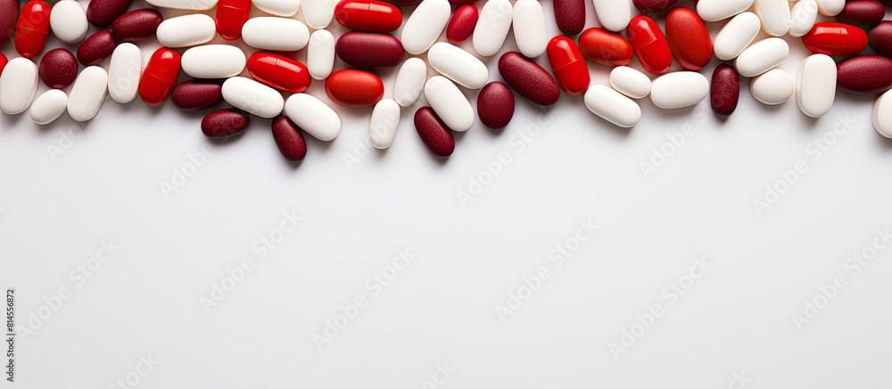 Top view of red and white tablets on a white background creating a spacious image. with copy space image. Place for adding text or design