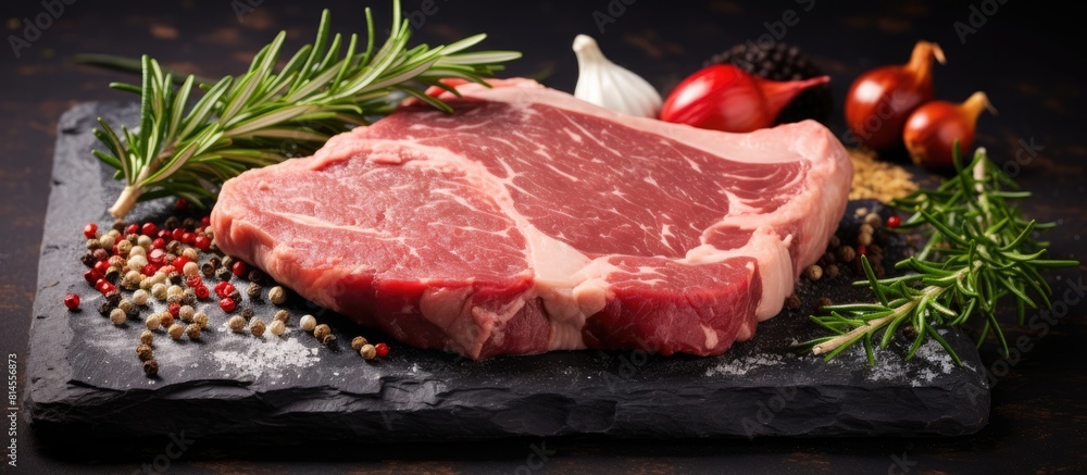 Pork steaks seasoned with spices placed on a cutting board with a stone backdrop providing ample space for text Pork steaks seasoned with spices placed on a cutting board with a stone backdrop providing ample space for text