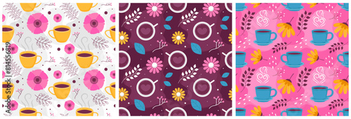 Coffee Time Seamless Pattern Design With Cacao Beans, Grains and Jug in Cartoon Flat Illustration