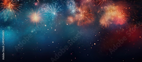 The abstract holiday background showcases New Year fireworks with a designated area for additional text or images