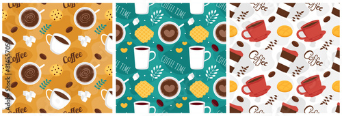 Coffee Time Seamless Pattern Design With Cacao Beans, Grains and Jug in Cartoon Flat Illustration