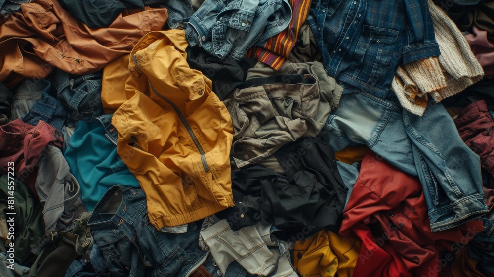 Pile of used mixed and tangled clothes, pants, shirts, jackets, skirts, and coats background, waste fast fashion concept. Pile of used mixed and tangled clothes, pants, shirts, jackets, skirts, and coats background, waste fast fashion concept.
