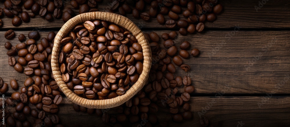 Fototapeta premium A top view of a wooden basket filled with roasted coffee beans providing ample space for a captivating copy image