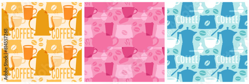 Coffee Time Seamless Pattern Design With Cacao Beans, Grains and Jug in Cartoon Flat Illustration
