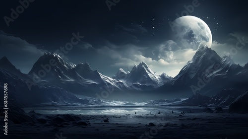 Digital technology surreal moon snow mountain poster background © jinzhen