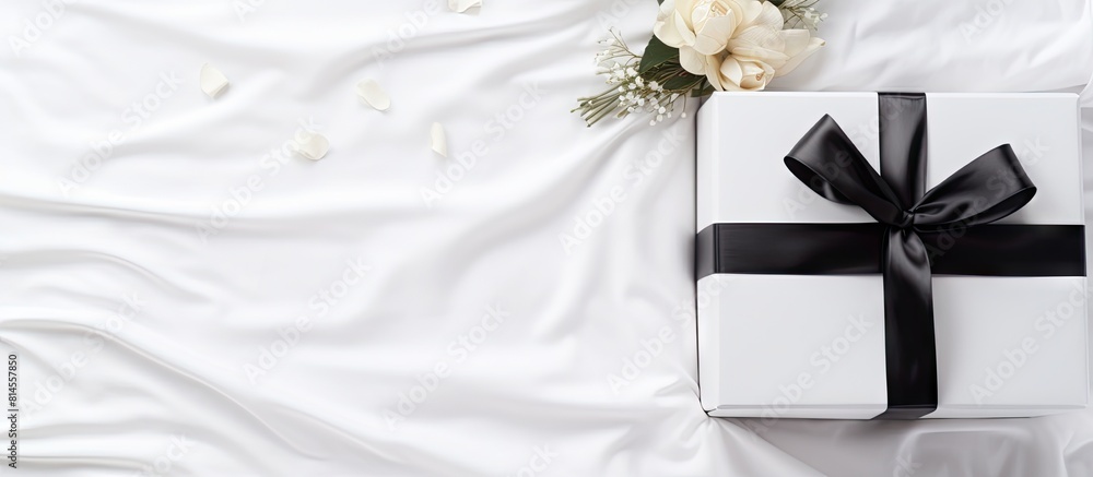 A top view of a white bed with a stylish gift box and a black ribbon depicting the idea of a Black Friday sale The composition offers copy space and reflects the concept of shopping on this specific d A top view of a white bed with a stylish gift box and a black ribbon depicting the idea of a Black Friday sale The composition offers copy space and reflects the concept of shopping on this specific d