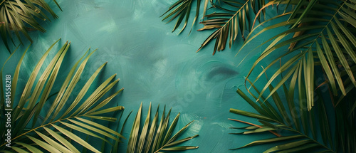 Vibrant palm leaf design on a teal background  reminiscent of a tropical paradise  calming and refreshing.