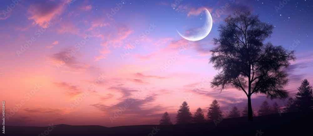 Twilight sky with a crescent moon adorned with sunset clouds and treetop silhouettes is captured in this copy space image Twilight sky with a crescent moon adorned with sunset clouds and treetop silhouettes is captured in this copy space image
