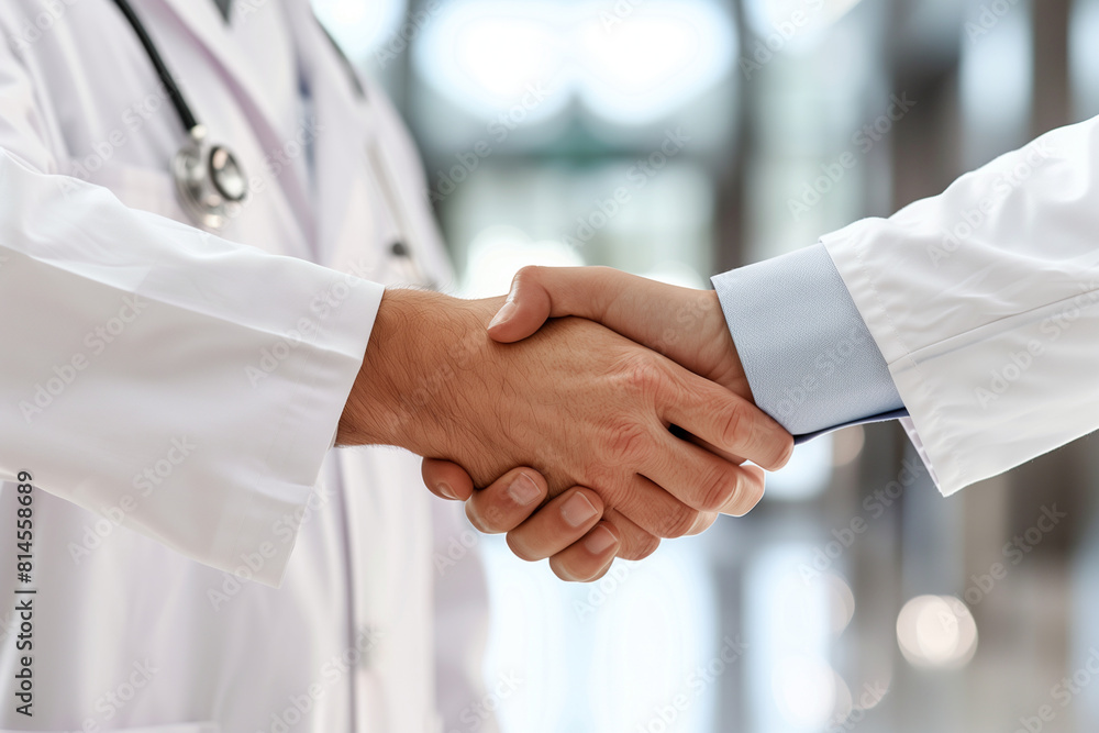 sleek backdrop, a close-up of two doctors in white medical coats shaking hands in the hospital. The gesture symbolizes unity and shared commitment to excellence in healthcare, show sleek backdrop, a close-up of two doctors in white medical coats shaking hands in the hospital. The gesture symbolizes unity and shared commitment to excellence in healthcare, show