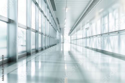 backdrop of an empty sleek corridor in a modern hospital  tranquility and efficiency in healthcare environments. The abstract blur adds depth to the photo  ideal for promotional ma