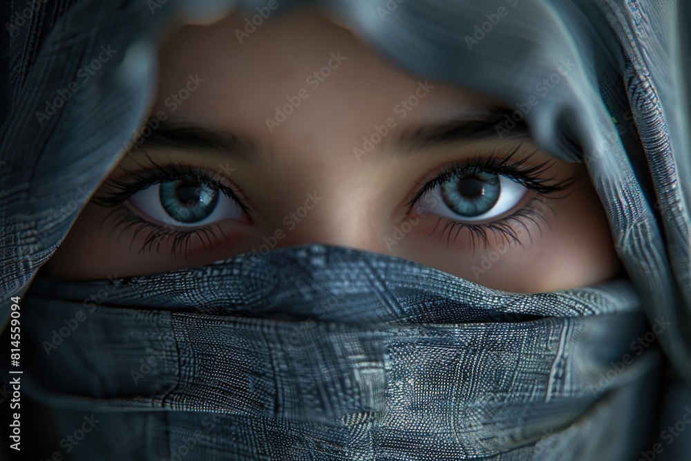 Close up of a woman's eyes with a scarf over her head. Suitable for beauty and fashion concepts