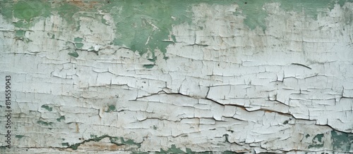 Shabby chic surface displaying cracked grey green and white paint providing ample copy space for the image