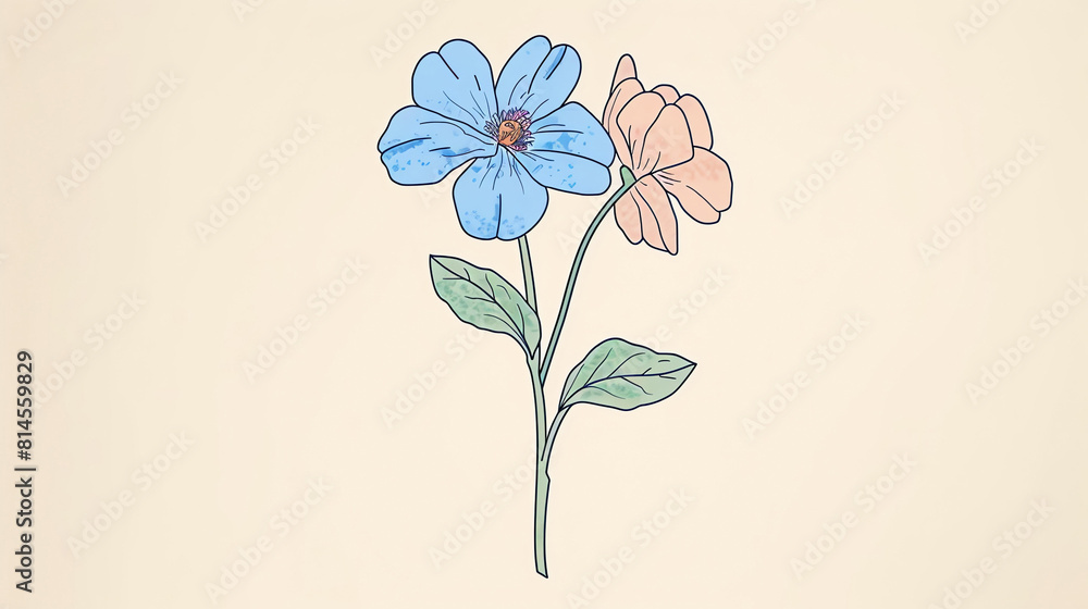 A beautiful flower with two buds in full bloom. The petals are a light blue and peach color with a yellow center.