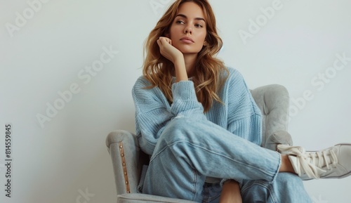Woman Sitting on Chair in Blue Sweater