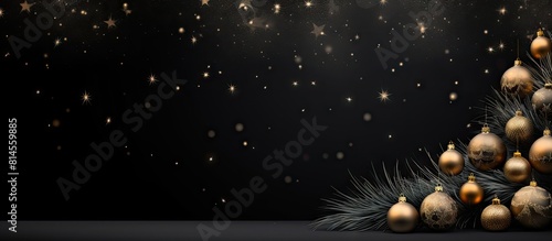 A festive Christmas background featuring ornaments branches of a fir tree set against a black backdrop with ample space for text