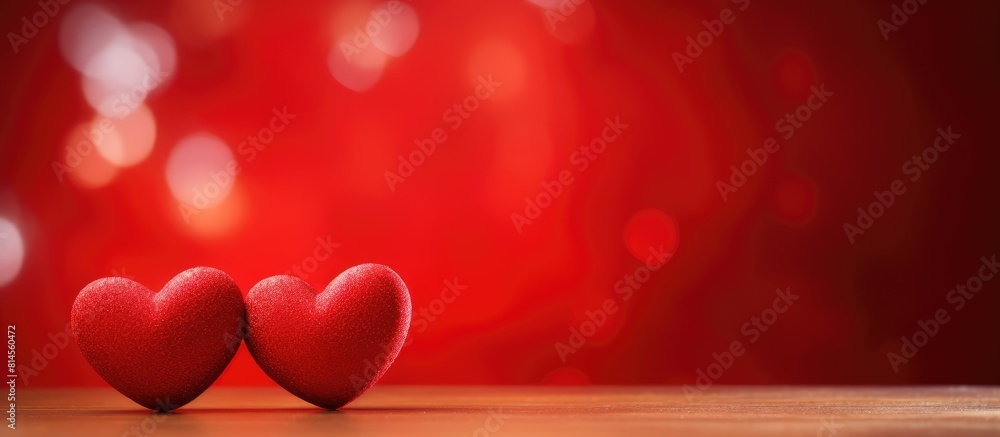 A copy space image with two wooden hearts placed on a vibrant red background symbolizes the essence of Valentine s Day and celebrates love between all couples A copy space image with two wooden hearts placed on a vibrant red background symbolizes the essence of Valentine s Day and celebrates love between all couples