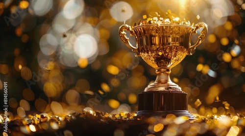Shiny Golden Trophy on Dark Background