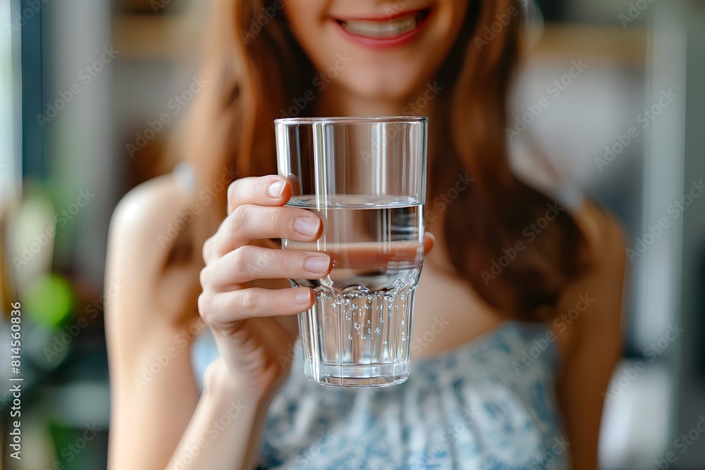 young woman drinks a glass of water in the morning. hands with a glass of water close-up young woman drinks a glass of water in the morning. hands with a glass of water close-up