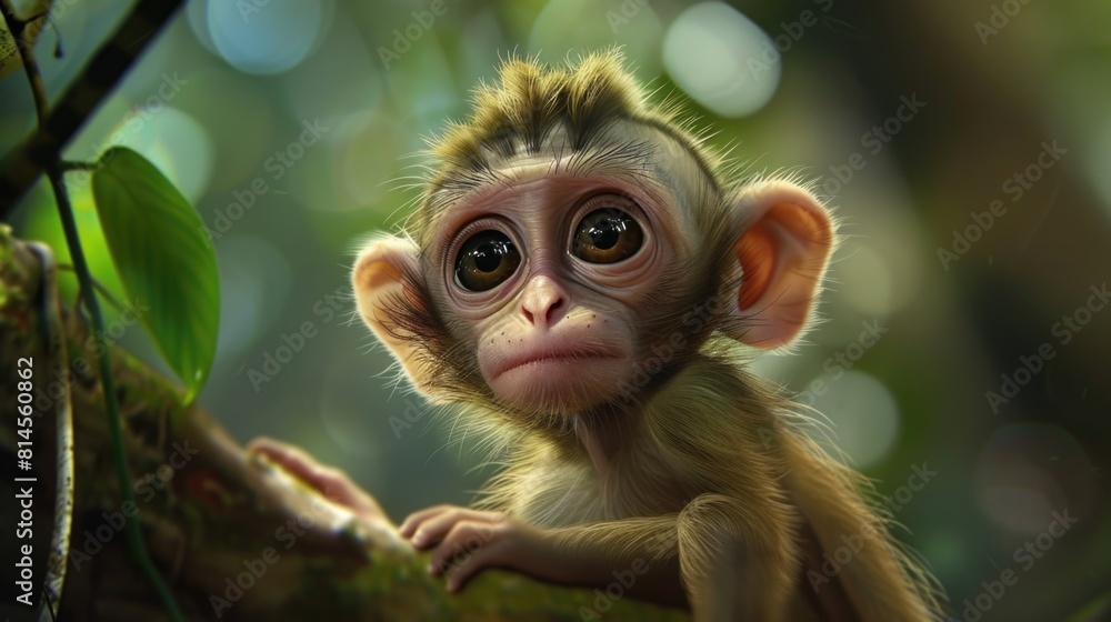 Fototapeta premium A cute baby monkey perched on a tree branch. Perfect for nature and wildlife themes