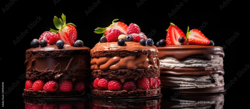 A layered cake with three different types of chocolate souffle adorned with strawberries on a black background A confectionery background with plenty of copy space for your design needs