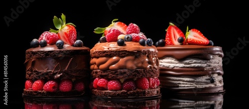 A layered cake with three different types of chocolate souffle adorned with strawberries on a black background A confectionery background with plenty of copy space for your design needs photo