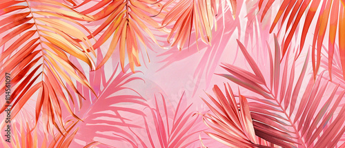 Vibrant pink and orange tropical palm leaf print on a white background, creating a tropical vibe.