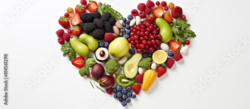 Fototapeta Naklejka Na Ścianę i Meble -  High resolution product photograph of a heart shaped food composition made from various fruits and vegetables set against a white background with empty space for text. with copy space image