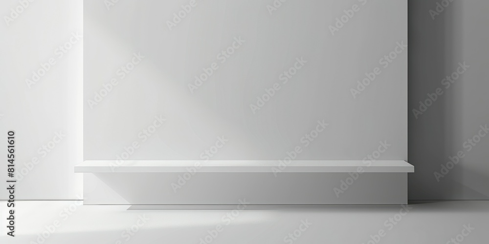 Empty white shelf in room. Mock up Minimalistic white blank background providing a minimalist backdrop for text overlay Empty white shelf in room. Mock up Minimalistic white blank background providing a minimalist backdrop for text overlay