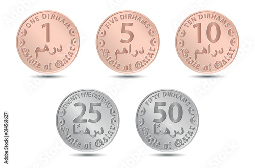 Set of coins, dirhams of Qatar. Coins side isolated on white background. Vector.