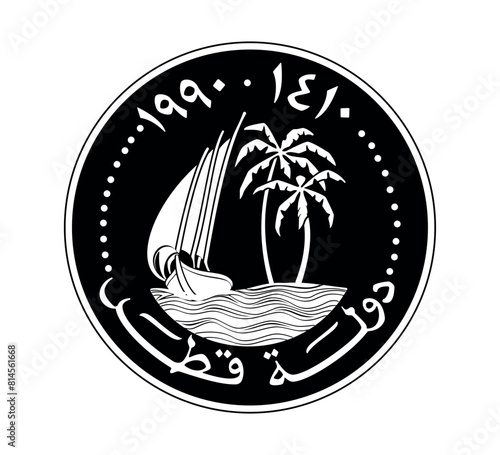 50 dirhams coin of Qatar. 1973. Coin side isolated on white background. The coin is depicted in black and white. Vector illustration.