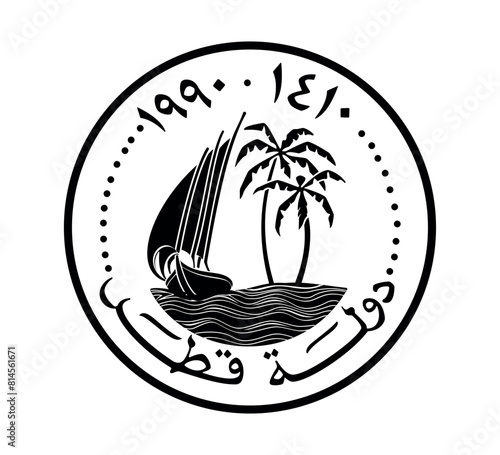 50 dirhams coin of Qatar. 1973. Coin side isolated on white background. The coin is depicted in black and white. Vector illustration.