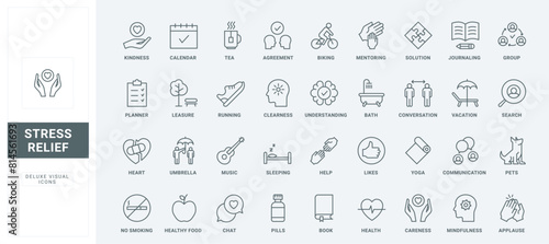 Practice yoga exercises and hobby, chat with friends, meditation and running thin black and red outline symbols, vector illustration. Relief and help with stress, care for mind and body line icons set