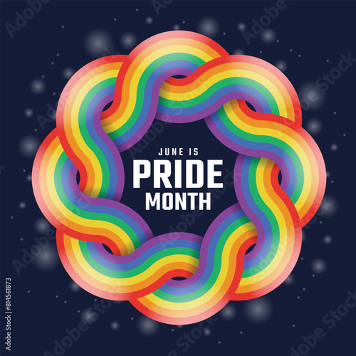 June is pride month - Text in Two long Rainbow pride flag with waving rolling cross to circle frame shape on dark blue light background vector design