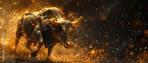 Digital artwork of a powerful golden bull, sparks flying as it charges through barriers, illustrating breaking market resistances photo