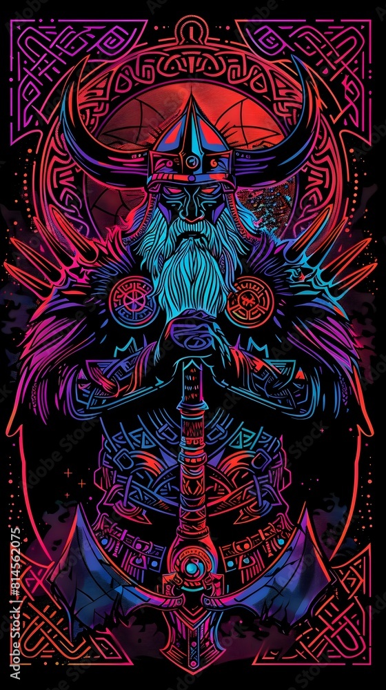 Fierce Viking Warrior Wielding Battle Axe with Intricate Norse Runes and Symbols in Synthwave Style Vivid Fierce Viking Warrior Wielding Battle Axe with Intricate Norse Runes and Symbols in Synthwave Style Vivid