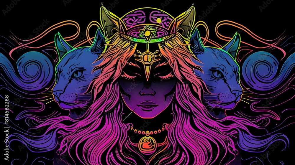 Freyja Goddess of Love and Fertility Adorned in Brsingamen Necklace and Surrounded by Mystical Feline Companions on Vibrant Synthwave Background Freyja Goddess of Love and Fertility Adorned in Brsingamen Necklace and Surrounded by Mystical Feline Companions on Vibrant Synthwave Background