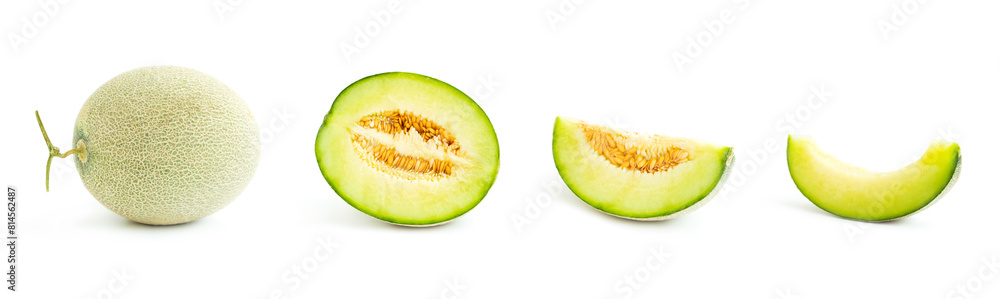 Cantaloupe melon and Cantaloupe melon cut in half isolated on white background, Green melon Cantaloupe melon and Cantaloupe melon cut in half isolated on white background, Green melon
