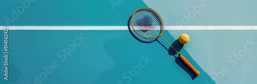 Tennis Racket and Ball on Blue Court