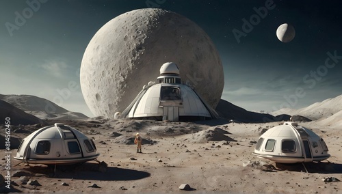 Beautiful award winning 1950s simple flat 3D art editorial infographics of a moon base, stunning lighting, perfect focus, neutral white background, epic angle, epic composition, hyper maximalist