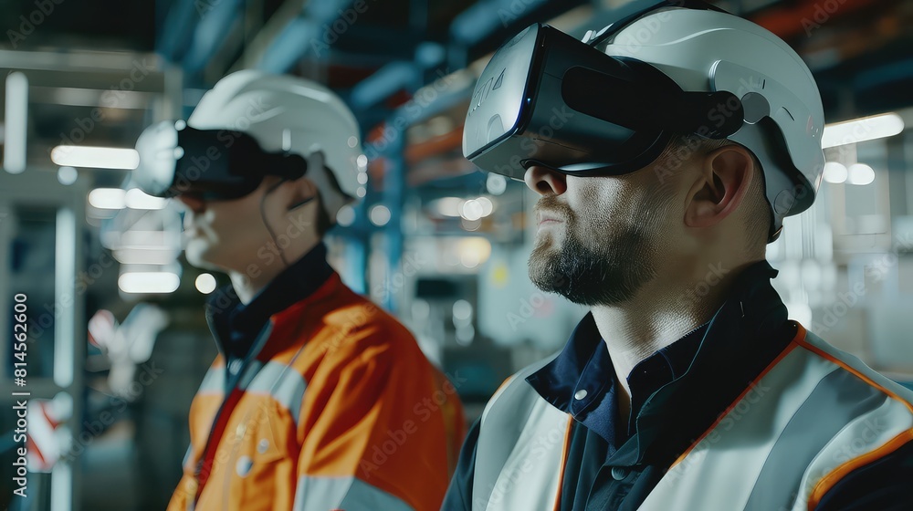 Engineers discuss project milestones using VR headsets, fostering collaboration and innovation in industrial settings. Engineers discuss project milestones using VR headsets, fostering collaboration and innovation in industrial settings.