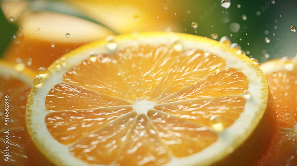 Citrus fruits, sliced oranges with water droplets background Citrus fruits, sliced oranges with water droplets background