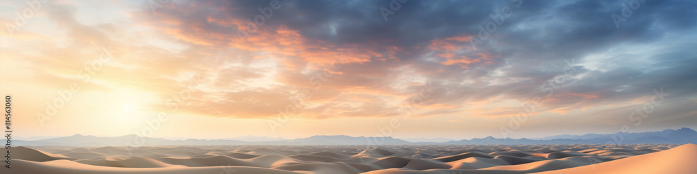 Sand dunes under sunset or sunrise glowing sky with clouds, dramatic desert landscape Sand dunes under sunset or sunrise glowing sky with clouds, dramatic desert landscape