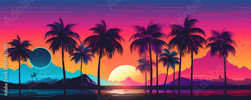 Tropical beach with palm trees   silhouette at sunset background. Vivid retrowave synthwave vaporwave wallpaper for party poster. Summer landscape. Vacation travel concept. Electronic retro music cover