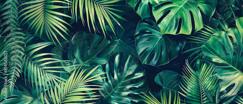 Vibrant tropical print featuring palm trees, monstera leaves, and ferns on a light background.