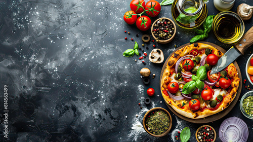 Pizza ingredients and spices for cooking mushrooms, tomatoes, cheese, onion, oil, pepper, salt, basil, olive and delicious italian pizza on black concrete background. Copyspace. Top view. Banner photo